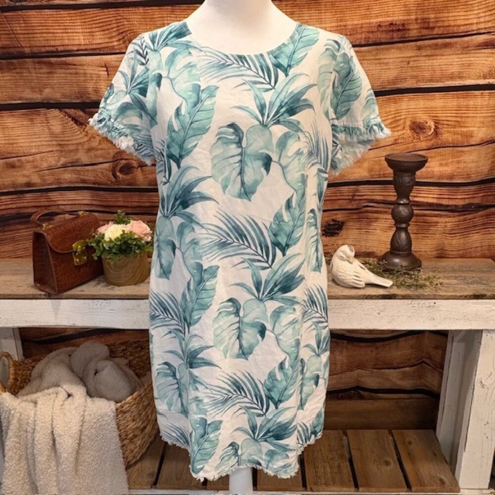 Tommy Bahama Island Breeze 100% Linen Ruffle‎ Shift Dress Tropical Print Size XS